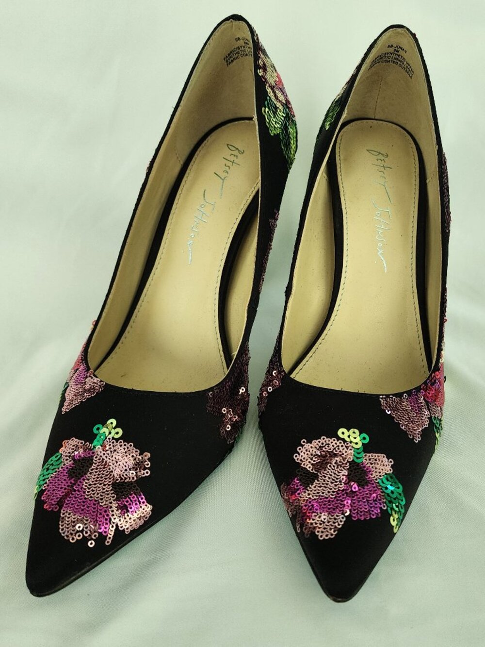 Betsey Johnson Jonas Floral Sequin Pointed Toe Pumps Heels Black Size 8